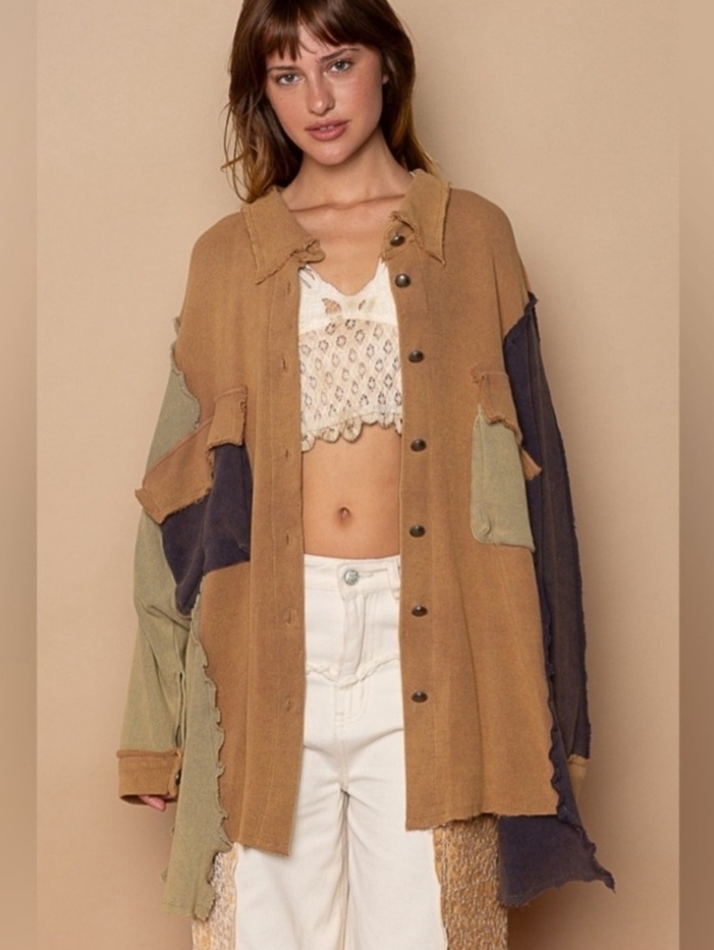 🤎🍵☕️NWOT POL "Brown Sugar🤎Matcha🍵Latte☕Button Up Patchwork Shacket" Sz Large